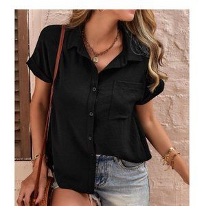 Black Patched Pocket Batwing Sleeve Button-down Shirt XL NWOT